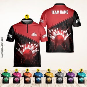 May include: A red, black, and white bowling jersey with a bowling ball and pins design. The jersey has the text "TEAM NAME" on the back and "YOUR NAME" on the front. The jersey is available in nine different colors.