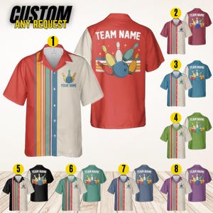 May include: Bowling shirts in various colors, featuring a bowling pin and ball design. The shirts have a button-down front and short sleeves. The text "CUSTOM ANY REQUEST" is at the top. The shirts are available in red, burgundy, blue, green, black, teal, navy, and purple.