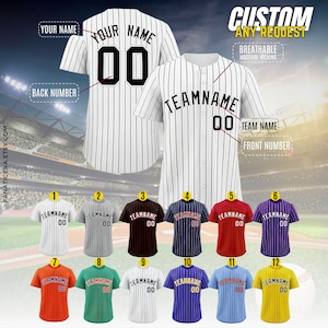 May include: A white baseball jersey with black pinstripes. The jersey has a black number "00" on the back and the text "YOUR NAME" above the number. The front of the jersey has the text "TEAMNAME" and the number "00". The jersey is available in 12 different color combinations.