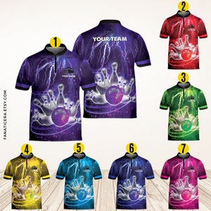 May include: Seven different bowling shirts with a lightning bolt design and a bowling ball and pins graphic. The shirts are in different colors, including purple, red, green, yellow, blue, and pink.