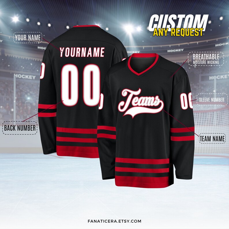 May include: Black hockey jersey with red and white stripes. The jersey has "Teams" written in white on the front and a customizable number on the sleeve and back.