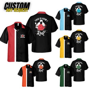 May include: A set of bowling themed shirts with a black, white, and red color scheme. The shirts have a bowling ball and pins graphic with the text "This is how I roll".