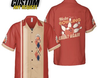 May include: A red and beige Hawaiian shirt with a bowling theme. The front of the shirt has a diamond pattern and the back of the shirt says "Make Bowling Great Again" with a bowling ball and pins.