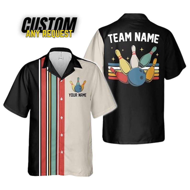 May include: Bowling shirt with a black and cream color block design. The front features a bowling pin graphic and the text "YOUR NAME". The back has a bowling ball and pins graphic with the text "TEAM NAME". The shirt has short sleeves and a button-down front.