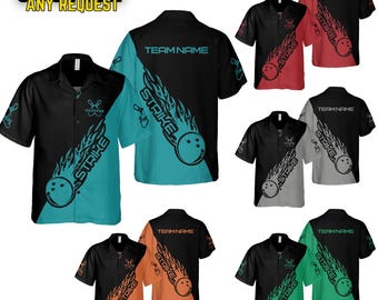 May include: Six different bowling shirts with a black and blue, black and red, black and gray, black and orange, and black and green color scheme. The shirts feature a bowling ball with flames and the word "STRIKE" on the front. The shirts also have the text "TEAM NAME" on the front.