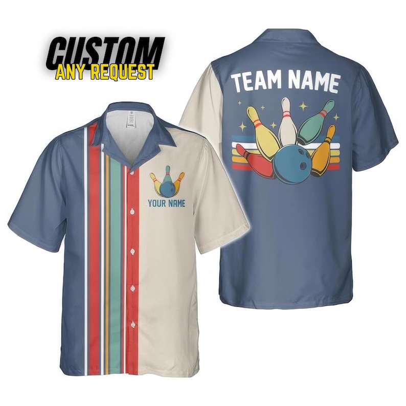 May include: Bowling shirt with a blue and cream color block design. The front features a bowling pin graphic and the text "YOUR NAME". The back has a bowling ball and pins graphic with the text "TEAM NAME". The shirt has a retro style.