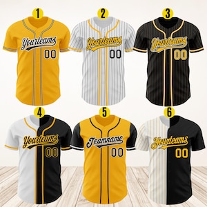 May include: Six different baseball jersey designs with black and yellow color schemes. The jerseys have a variety of patterns, including stripes and a split design. The jerseys have the text "Yourteams" and "Teamname" on them.