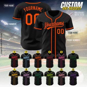 May include: Black baseball jersey with orange trim and the text "Yourteams" in a cursive font. The jersey has a white button placket and a number "00" on the front and back. The jersey is shown in multiple color variations.