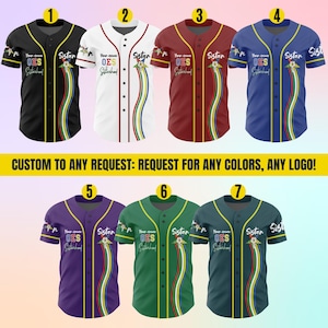 May include: Baseball jerseys in various colors, including black, white, burgundy, blue, purple, green, and teal. Each jersey features a button-up front, short sleeves, and a design with text that reads "Your name OES Sisterhood" and "Sister". The image also includes the text "CUSTOM TO ANY REQUEST: REQUEST FOR ANY COLORS, ANY LOGO!"