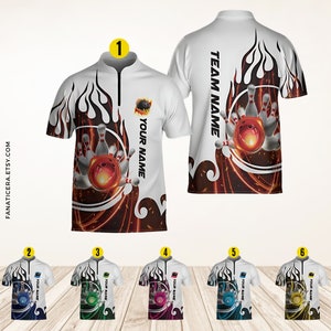 May include: Six different designs for a bowling jersey. The jerseys are white with a black and orange flame design and a bowling ball and pins graphic. The text "TEAM NAME" is on the back of the jersey and "YOUR NAME" is on the front.