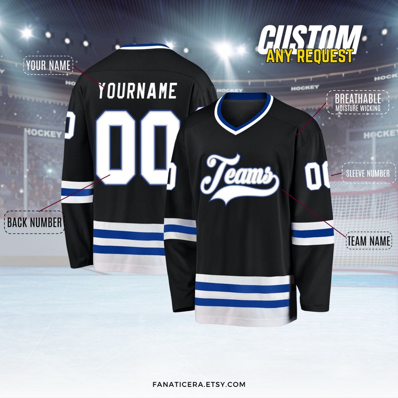 May include: Black hockey jersey with white and blue stripes. The jersey has the word "Teams" in a white cursive font on the front and a white number "00" on the back. The jersey is customizable with a name and number.