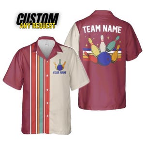 May include: Burgundy bowling shirt with a cream-colored front panel and a vertical stripe design. The shirt features a bowling pin graphic and the text "YOUR NAME" on the front. The back of the shirt has a bowling scene and the text "TEAM NAME".