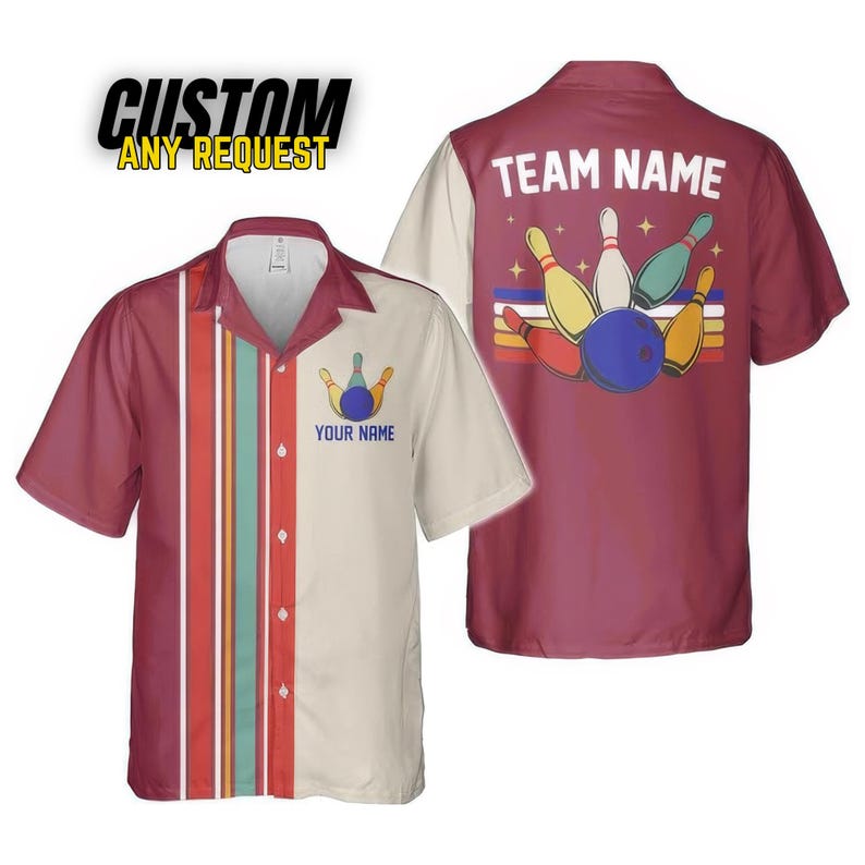 May include: Burgundy bowling shirt with a cream-colored front panel and a vertical stripe design. The shirt features a bowling pin graphic and the text "YOUR NAME" on the front. The back of the shirt has a bowling scene and the text "TEAM NAME".