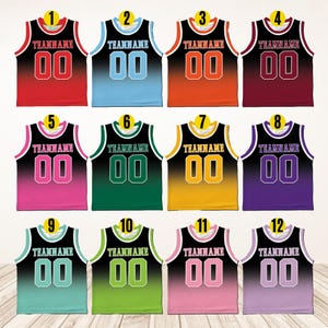 May include: Twelve basketball jerseys with black, white, and various color gradients. Each jersey has a number "00" and the text "TEAMNAME" on the front.