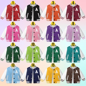 May include: A set of 16 varsity jackets in different colors, each with a white letter 'A' on the front. The jackets have a white and black striped trim around the sleeves and bottom.