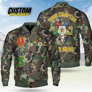 May include: Camouflage bomber jacket with the text "CUSTOM ANY REQUEST" in black and yellow. The jacket features the letters "OES" in red, blue, and green, and a star emblem. The back of the jacket displays "YOUR CHAPTER" and "R NAME" in yellow.