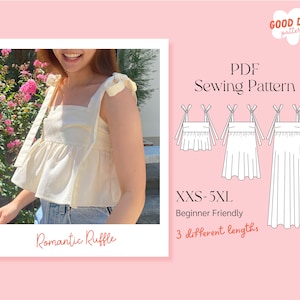 Linen Summer ruffle blouse, Bow straps dress pattern, PDF Sewing Pattern Size XXS-5XL, easy sewing pattern, for beginner
