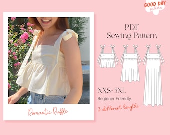 Linen Summer ruffle blouse, Bow straps dress pattern, PDF Sewing Pattern Size XXS-5XL, easy sewing pattern, for beginner