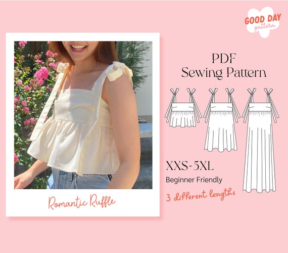 Linen Summer ruffle blouse, Bow straps dress pattern, PDF Sewing Pattern Size XXS-5XL, easy sewing pattern, for beginner