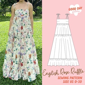 English Rose Ruffle Maxi Dress Pattern PDF, Cottagecore Vintage Dress, Plus Size Sewing Pattern, Size Inclusive 0-30, Linen Summer Dress