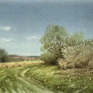 Arte originale ad acquerello, Pittura di paesaggio, Arte naturale primaverile, Belle arti su carta, Opera d'arte da collezione, Pittura di campi panoramici, Opera d'arte unica