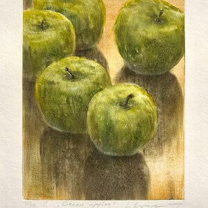 Monotipo, Edizione unica fatta a mano in un unico esemplare, Stampa a mano 1/1, Olio su carta, Mele verdi, Piccola arte, Grafica d'autore di Stepan Karpiuk
