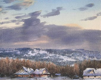 雪山の頂上 オリジナル水彩画 冬の風景 手描きの雪山 手描きの水彩画