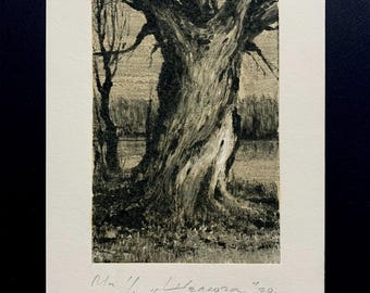 Old Willow Monotype, Original Landscape Art, Hand-Printed Painting