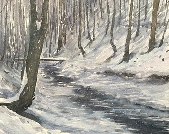 Acquerello di paesaggio invernale, opera d'arte di foresta innevata, arte ucraina