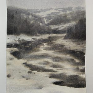 Dipinto ad acquerello originale, Arte paesaggistica montana, Paesaggio nebbioso, Belle arti su carta, Arte ispirata alla natura, Arte da collezione in vendita