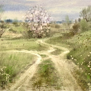 Paesaggio primaverile ad acquerello di aprile, Dipinto ad acquerello originale, Acquerello su carta, Dipinto di paesaggio, Dipinto ad acquerello, Dipinti