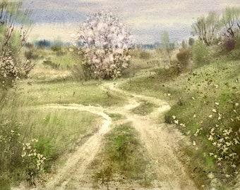 Pintura original em aquarela de paisagem primaveril, artista ucraniano.