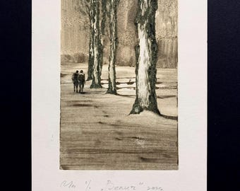 Winter Evening Landscape Monotype Print, Small Art by Stepan Karpiuk
