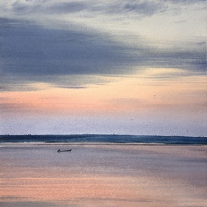 Original Aquarell Malerei Landschaft, Sonnenuntergang am See, Aquarell auf Papier, Minimalismus Kunst, Landschaft