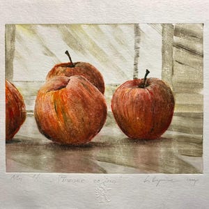 Edizione unica fatta a mano in un unico esemplare, Monotipo, Stampa a mano 1/1, Olio su carta, Mele, Piccola arte, Grafica d'autore di Stepan Karpiuk