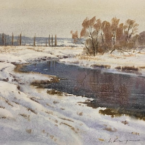 Dipinto ad acquerello originale, opera d'arte di paesaggio invernale, scena di fiume innevato, arte della natura serena, belle arti su carta, opera d'arte da collezione