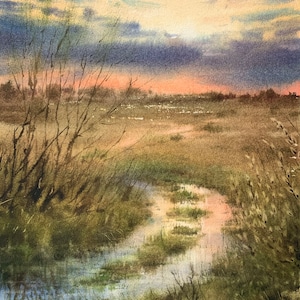 Paesaggio primaverile ad acquerello, Acquerello originale, Acquerello su carta, Pittura di paesaggio, Tramonto primaverile, Pittura ad acquerello, Arte