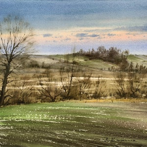 Paesaggio primaverile ad acquerello, Dipinto ad acquerello originale, Acquerello su carta, Dipinto di paesaggio, Sera di primavera, Inizio primavera, Dipinto
