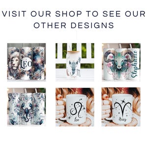Pode incluir: Seis designs diferentes de canecas e x&iacute;caras personalizadas com signos do zod&iacute;aco. Os designs incluem Le&atilde;o, Escorpi&atilde;o, Virgem, &Aacute;ries e um design floral com uma cabe&ccedil;a de carneiro. As canecas e as x&iacute;caras s&atilde;o brancas com letras e imagens pretas.