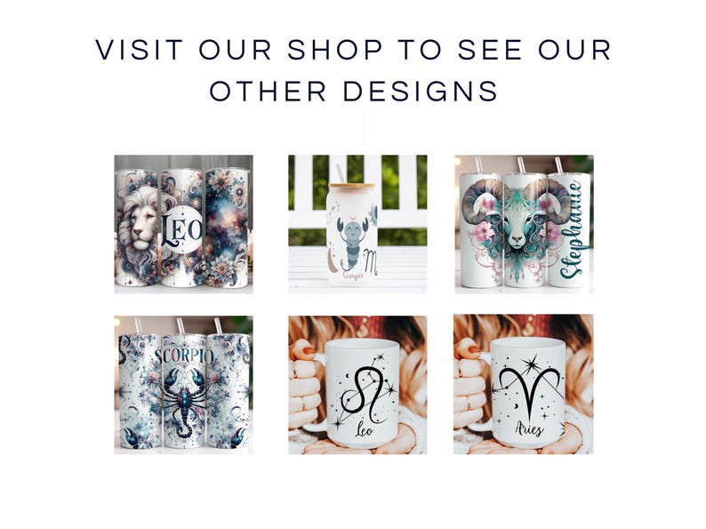 Pode incluir: Seis designs diferentes de canecas e x&iacute;caras personalizadas com signos do zod&iacute;aco. Os designs incluem Le&atilde;o, Escorpi&atilde;o, Virgem, &Aacute;ries e um design floral com uma cabe&ccedil;a de carneiro. As canecas e as x&iacute;caras s&atilde;o brancas com letras e imagens pretas.