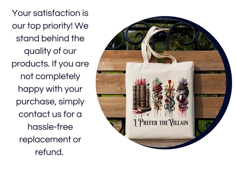 Pode incluir: Uma bolsa de lona branca com uma ilustra&ccedil;&atilde;o colorida de livros, uma rosa, uma espada e um drag&atilde;o. O texto "I Prefer the Villain" est&aacute; impresso na bolsa.
