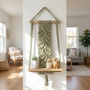 Puede incluir: Estante de pared de macramé verde oliva con una repisa de madera y un diseño decorativo de hojas. La repisa contiene una pequeña suculenta en maceta, un frasco de vidrio con guijarros y una figura de búho de madera. La repisa está suspendida por una cuerda.