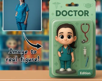May include: A Doctor action figure in a green blister pack. The figure is a cartoon-style doctor wearing teal scrubs and a stethoscope. The packaging reads "DOCTOR" and includes a medical cross symbol.