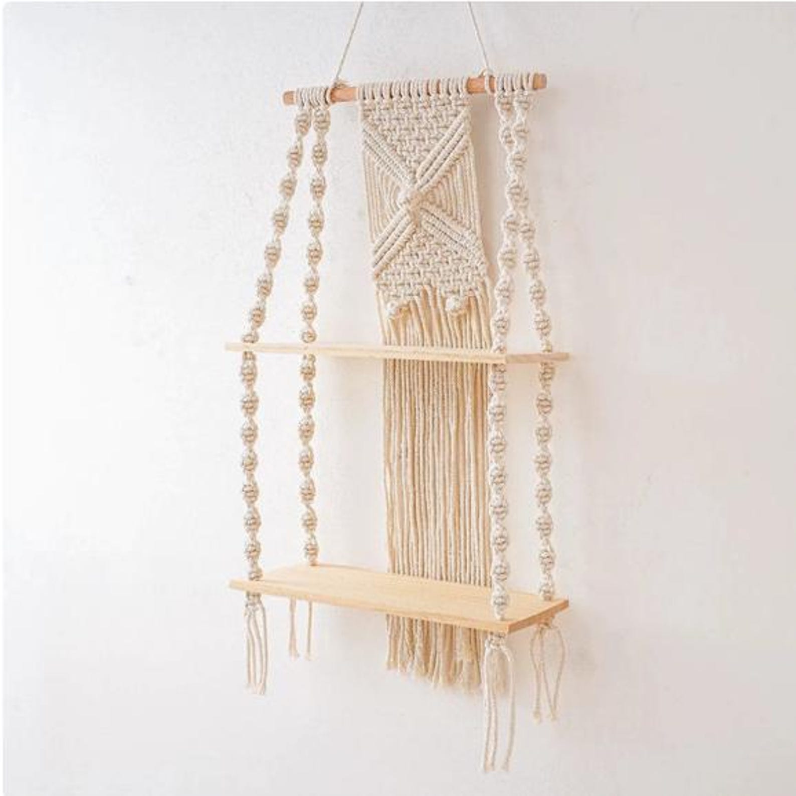Boho Hanging Wall Shelf, Macrame Double Shelf, Handmade Woven Wall ...