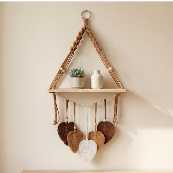 A macrame wall hanging that doubles as a rustic wooden shelf for plants — functional sculpture that solves a real problem while looking great.