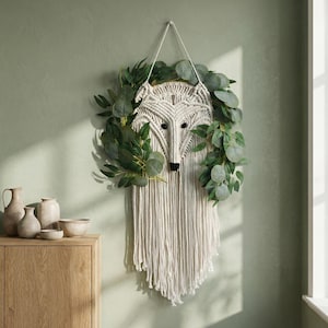 May include: A cream-colored macrame fox head wall hanging with black eyes and nose, surrounded by green eucalyptus leaves. The fox has a detailed woven design and hangs from a white cord. The wall decor is displayed against a light green wall.