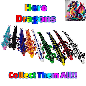 May include: A set of ten colourful, segmented dragon toys. Each dragon is made of plastic and has a different colour scheme. The dragons are arranged in a row, with the largest dragon on the left and the smallest dragon on the right. The text "Hero Dragons" is written in rainbow letters above the dragons. The text "Collect Them All!" is written in rainbow letters below the dragons.