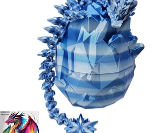 13 "Winter-Schneeflocke-Drache-Weiß-Blau und Gold gestreift innerhalb des Kristall-Ei-voll artikuliertes 3D gedrucktes Geschenk für Männer und Frauen zu Weihnachten