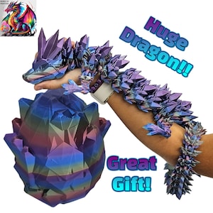 May include: A large iridescent purple dragon toy with a crystal-like texture. The dragon is curled up in a hand, and the text "Huge Dragon!!" is written in blue and pink letters. The dragon is next to a large iridescent purple egg with a crystal-like texture. The text "Great Gift!" is written in blue and pink letters.