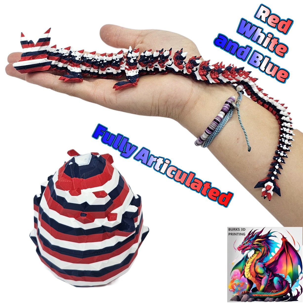 Patriotic America Red White and Blue Crystal Dragon 3D printed with Matching Egg USA American Flag Fidget